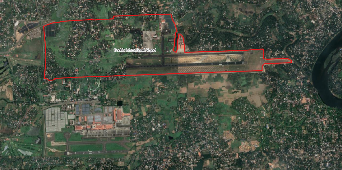 The area marked (in red) is the actual position of the Cochin International Airport. South to the marking you can see the misaligned half of the airport which was in report.