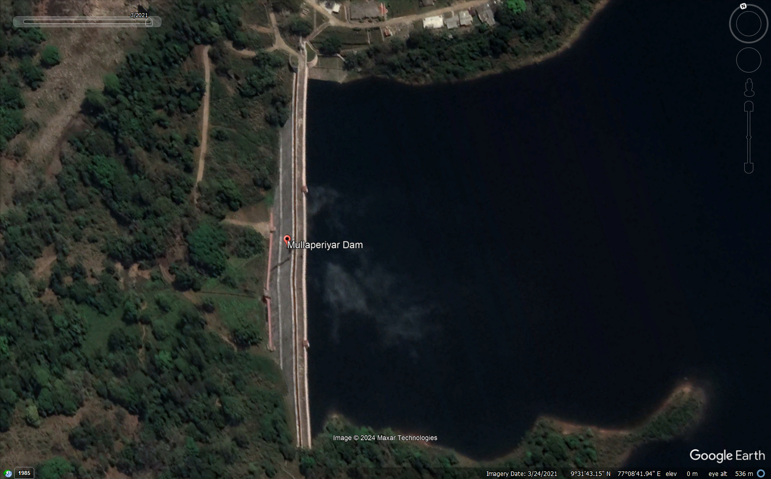 Mullaperiyar Dam Structure in Google having a bend view, image dated 24 March,2021.