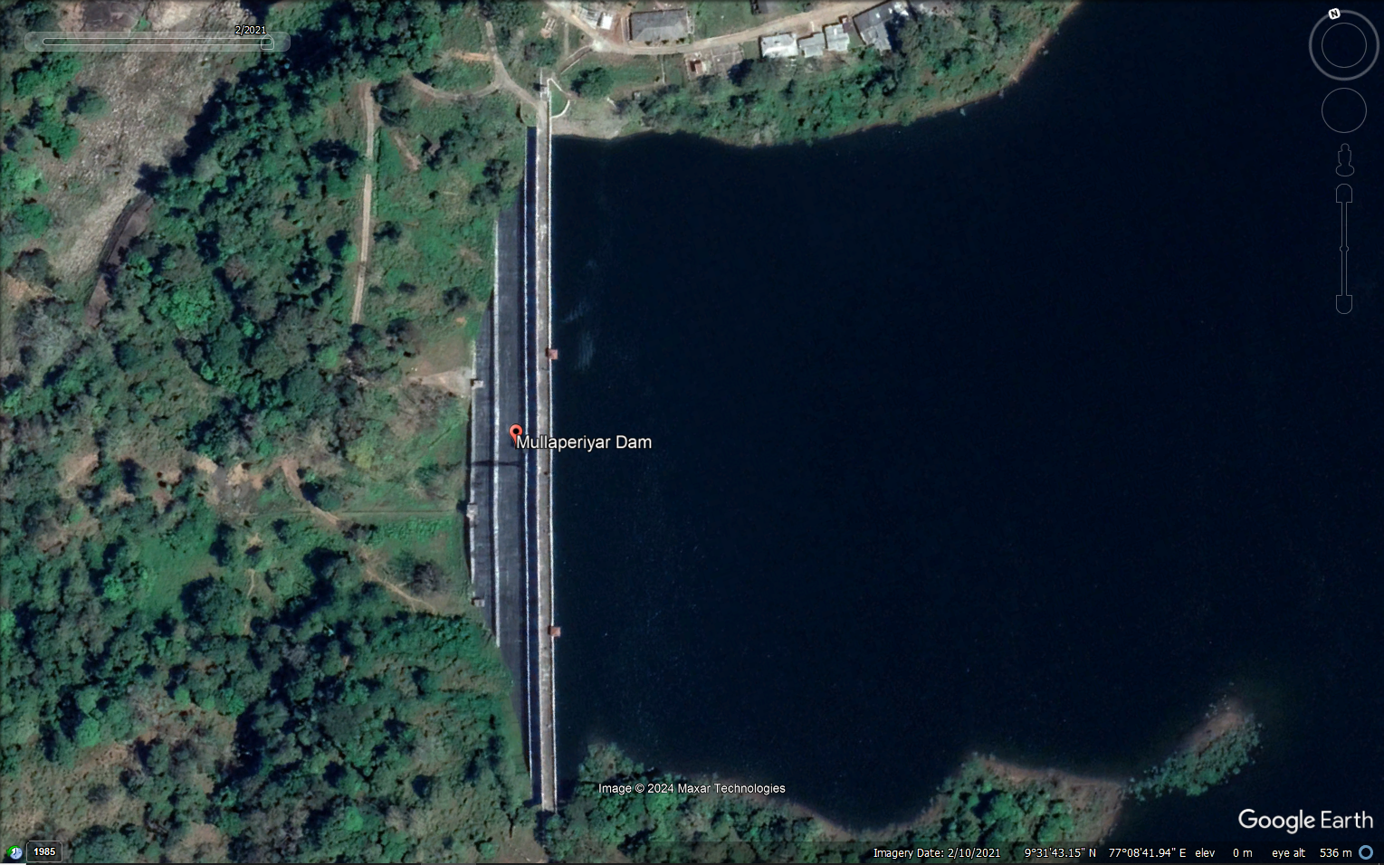 Mullaperiyar Dam Structure in Google without a bend view, image dated 10 February, 2021.