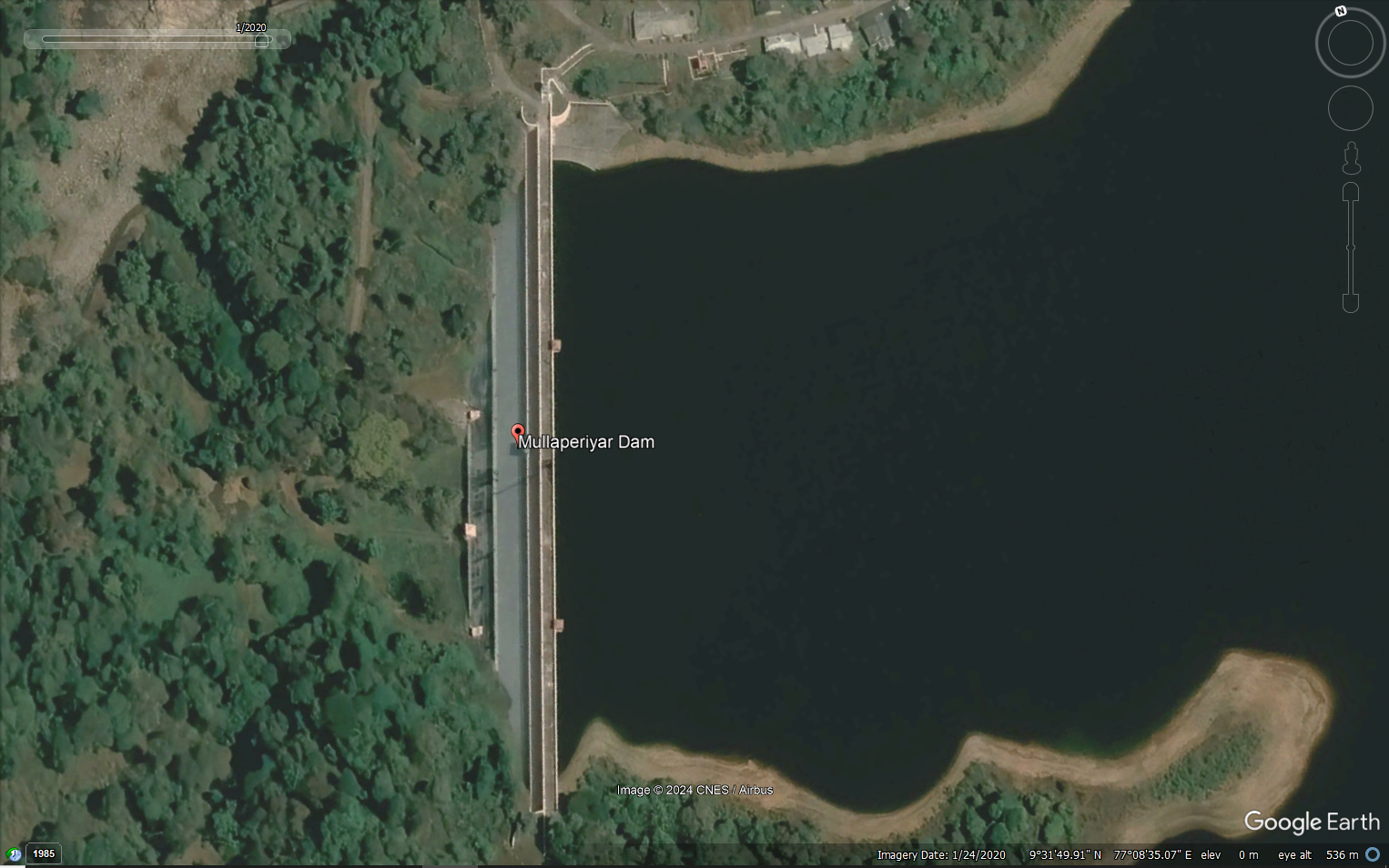 Mullaperiyar Dam Structure in Google without a bend view, image dated 24 January, 2020.