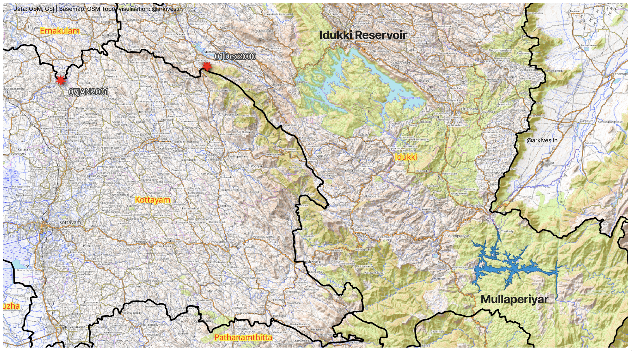 GSI recorded Earthquakes around Idukki