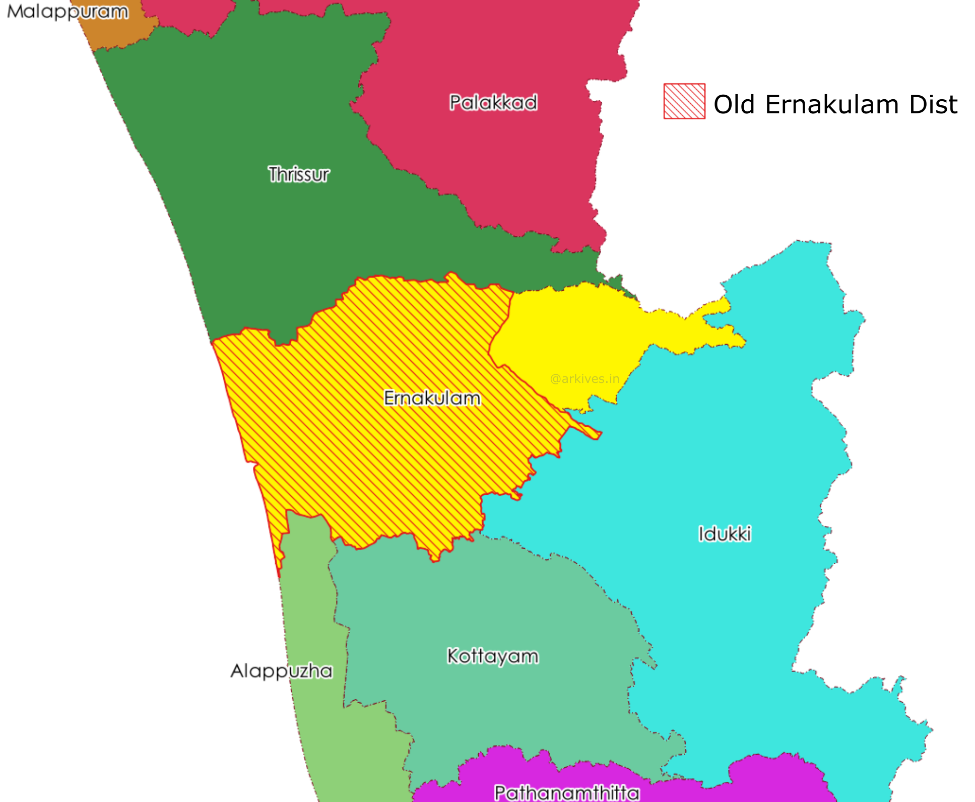 Old Ernakulam district boundary is hatched in red and overlayed on new map