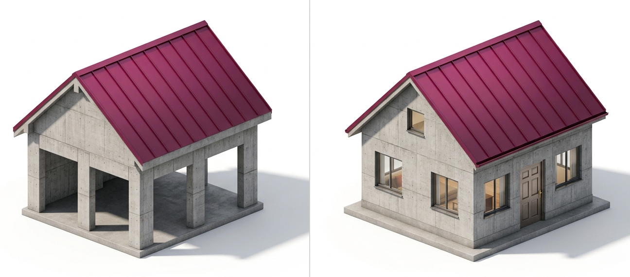 Side by side illustration of a roof resting on bare columns and beams with no walls, next to a complete house with walls, windows, and a door