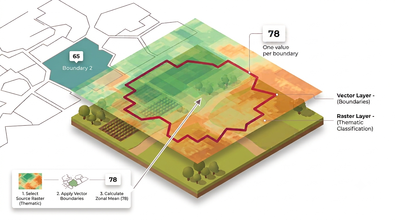 Isometric illustration of a raster pixel grid and an irregular administrative boundary overlaid on a farmland landscape