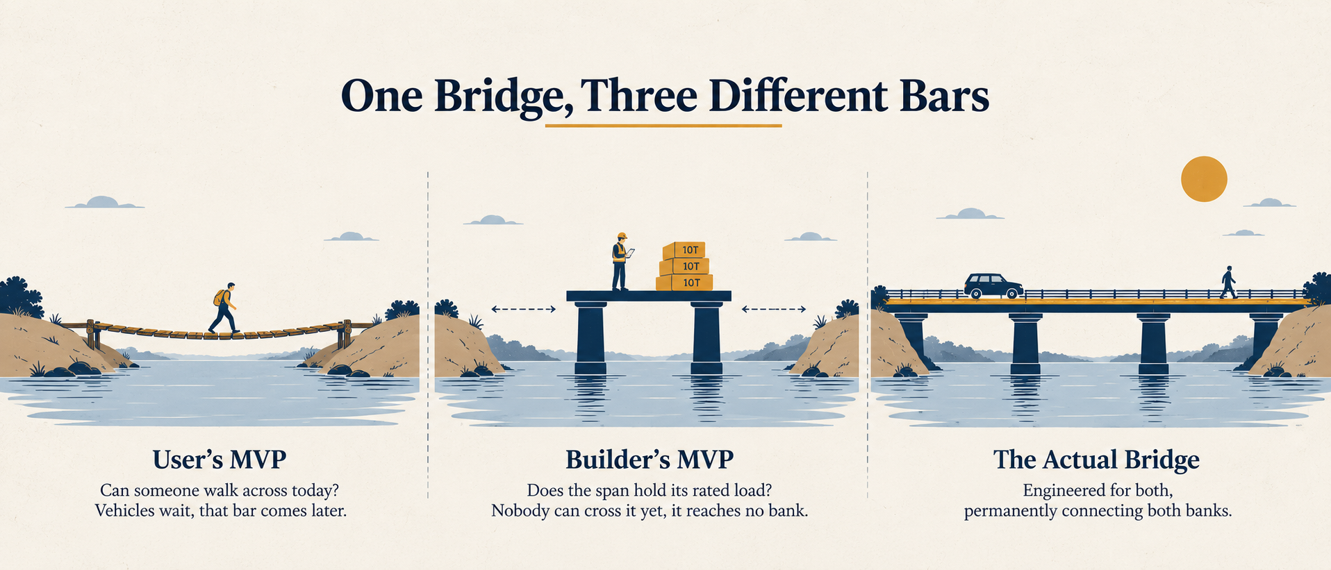 Three side-by-side illustrations of a river crossing: a rough wooden plank running bank to bank labeled User's MVP, a span resting on two pillars that reaches neither bank labeled Builder's MVP, and a complete multi-pier bridge labeled The Actual Bridge