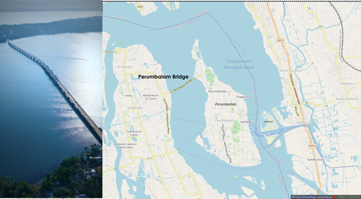 Photo of the Perumbalam Bridge in Kerala, a long bridge crossing a backwater lake, connecting an island to the mainland for the first time