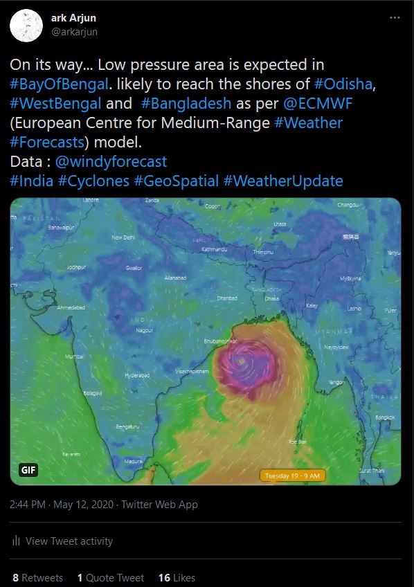 My tweet before Cyclone Amphan creating a gif image of screenshots from windy.com. The tweet was liked by the official windy handle and I saw new such tweets from their side from the next cyclone