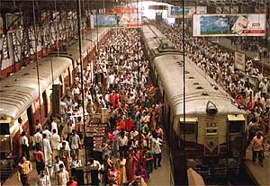 Churchgate station, the last stop southbound on the Western Line, Mumbai during rush hour.