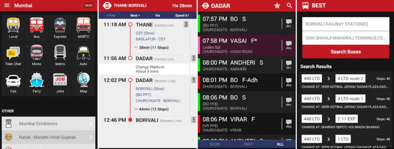 Screenshots of M indicator app showing multimodal transportation of Mumbai