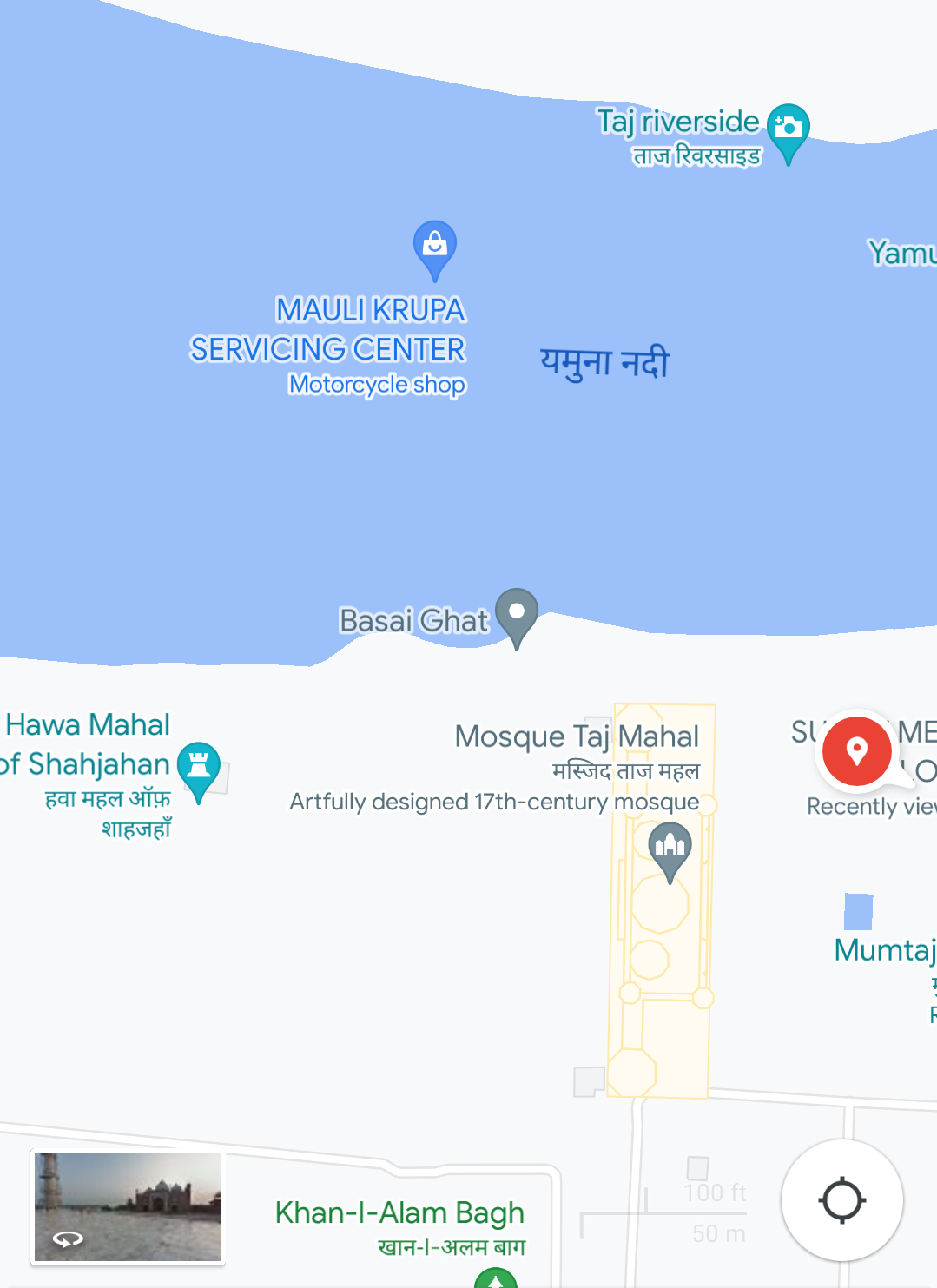 A POI marked in the Yamuna River near Taj Mahal in Google Maps