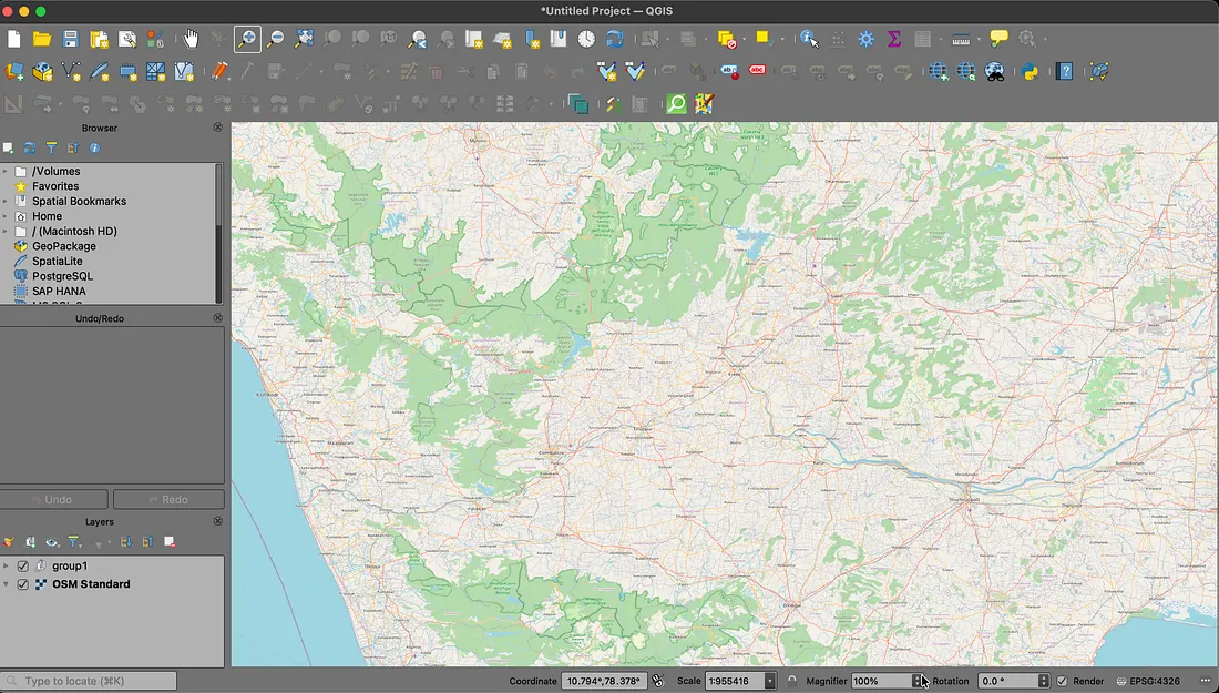 OpenStreetMap Standard basemap loaded in QGIS