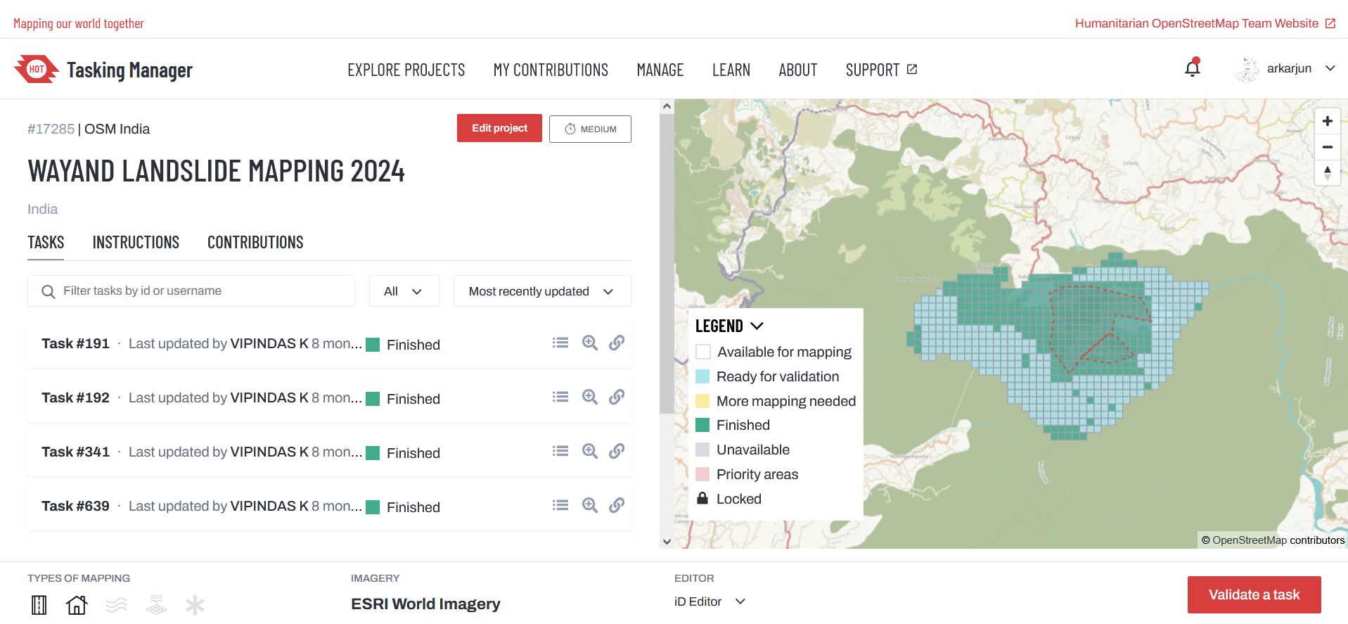 Tasks of Wayanad mapping in Tasking Manager