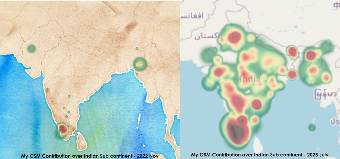 A comparison of Heat Map of my OSM contributions over India sub continent 2022 Vs 2025