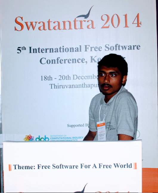 ark Arjun talking about the role of FOSS technology in Koorachundu Mapping Party at Swatantra 2014, Thiruvananthapuram, Kerala